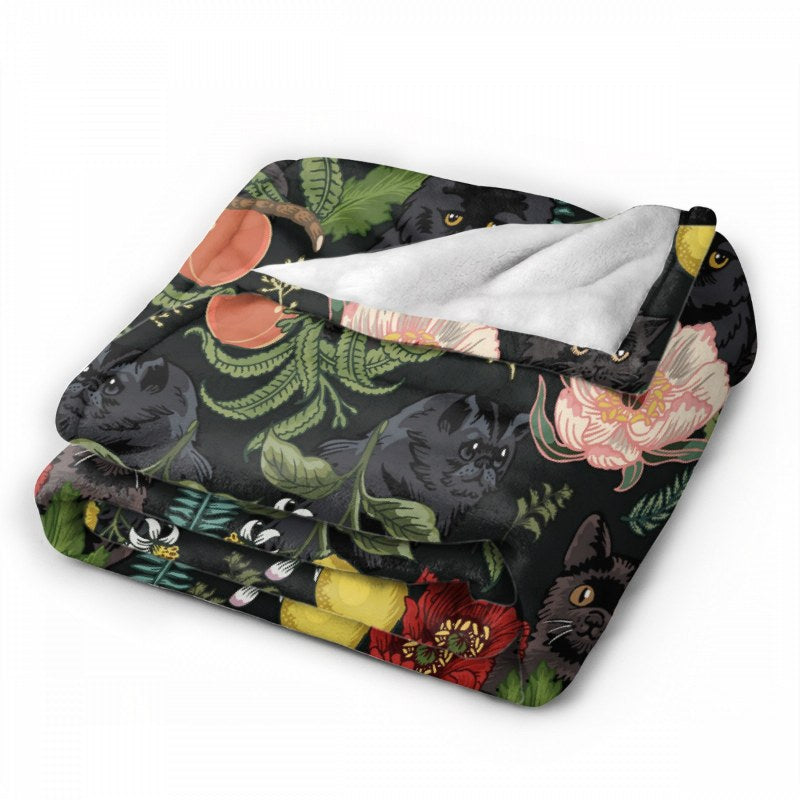 Botanical And Black Cats Throw Blankets