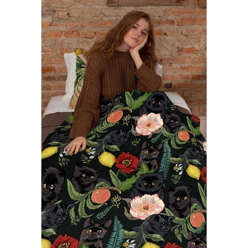 Botanical And Black Cats Throw Blankets