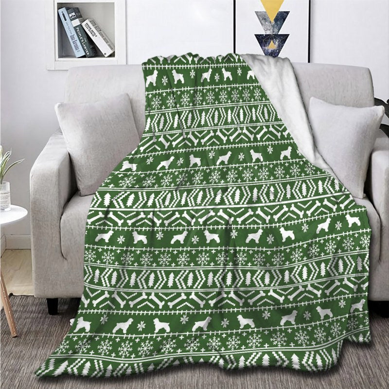Cocker Spaniel Fair Isle Christmas Pattern Dog Breed Holiday Gifts Green And White Xmas Holiday Throw Blankets