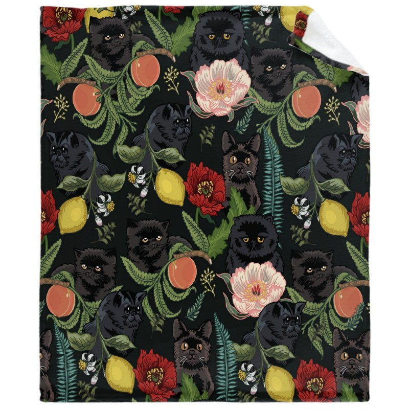 Botanical And Black Cats Throw Blankets