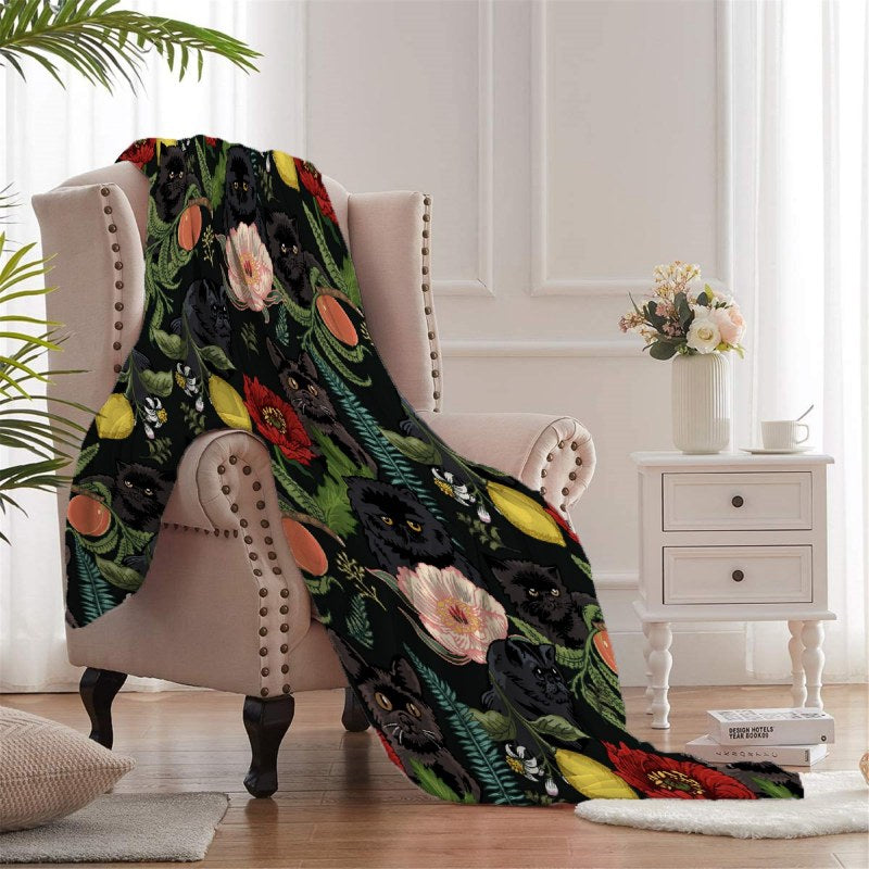 Botanical And Black Cats Throw Blankets